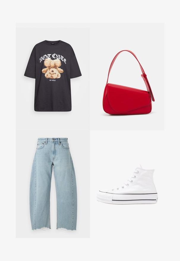 Czarny, oversize t-shirt z grafiką niedźwiedzia i napisem „NIE UROCZY, ALE DZIKI” w grubej, białej czcionce. Materiał bawełniany.; Jasnoniebieskie dżinsy z szerokimi nogawkami, postrzępionym dołem i tradycyjnym pięciokanałowym fasonem. Klasyczne zapięcie na guzik i zamek.; Białe wysokie trampki z płótna z czarną gumową podeszwą, przednim czubkiem z gumy i sześcioma dziurkami na sznurowadła, charakteryzujące się prostym, minimalistycznym designem.; Czerwona skórzana torebka o kanciastym, geometrycznym designie. Posiada jedną regulowaną rączkę oraz zapięcie na klapę z przeszyciami.