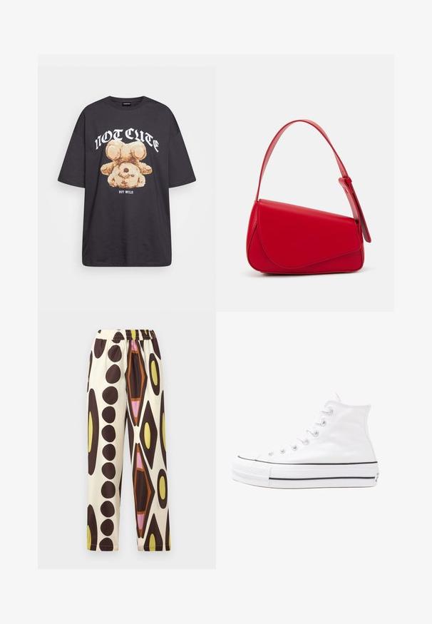 Black oversized t-shirt featuring a graphic of a bear with the text “NOT CUTE BUT WILD” in bold, white lettering. Cotton material.; Elastic-waist pants in lightweight fabric, featuring a cream background with large brown, yellow, pink, and orange geometric patterns.; White high-top canvas sneaker with black rubber sole, front rubber toe cap, and six eyelets for laces, featuring a clean, minimalist design.; Red leather handbag with an angular, geometric design. Features a single adjustable strap and a flap closure with stitched detailing.