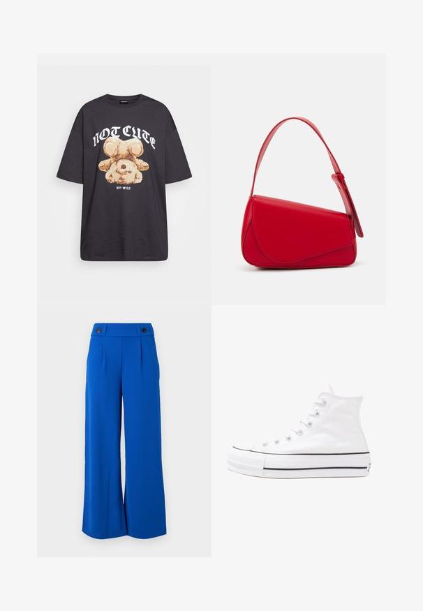 T-shirt noir oversize avec un graphique d'un ours et le texte « PAS MIGNON MAIS SAUVAGE » en lettres blanches, en gras. Matériau en coton.; Pantalons à jambes larges en tissu bleu vif, dotés d'une taille cintrée avec deux boutons noirs et de plis à l'avant. Texture douce, sans motifs visibles.; Baskets montantes en toile blanche avec semelle en caoutchouc noir, capuchon en caoutchouc à l'avant, et six œillets pour les lacets, présentant un design épuré et minimaliste.; Sac à main en cuir rouge avec un design angulaire et géométrique. Il dispose d'une seule sangle ajustable et d'une fermeture à rabat avec un detailing cousu.