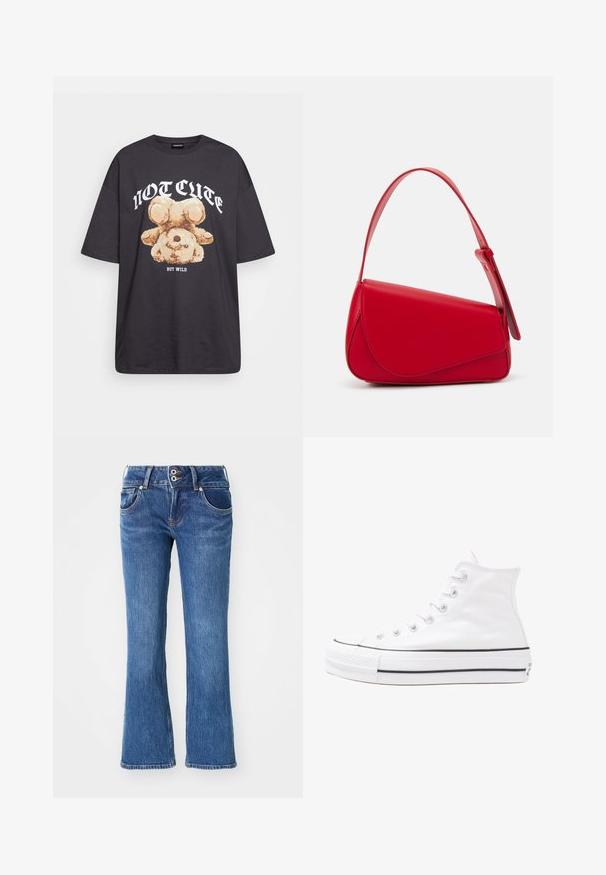 Crna oversized majica s grafikom medvjeda i natpisom "NIJE SLATKO, ALI DIVLJE" u podebljanim, bijelim slovima. Pamuk.; Raširene plave traperice srednjeg pranja, s dva prednja džepa, duplim kopčanjem i suptilnim narančastim detaljima šavova.; Bijela visoka platnena tenisica s crnom gumenom potplatom, prednjim gumenim zaštitnikom prstiju i šest rupa za vezanje, s čistim, minimalističkim dizajnom.; Crvena kožna torba s kutnim, geometrijskim dizajnom. Ima jedan podesivi remen i preklopni zatvarač sa šivenim detaljima.