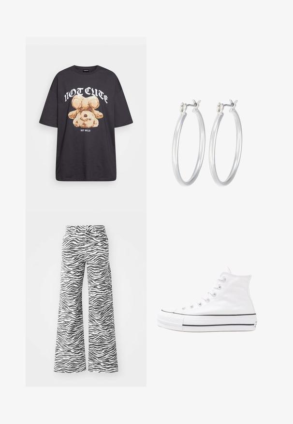 Crna oversized majica s grafikom medvjeda i natpisom "NIJE SLATKO, ALI DIVLJE" u podebljanim, bijelim slovima. Pamuk.; Hlače širokih nogavica od pamučne mješavine, s crno-bijelim uzorkom zebra pruga, s prednjim džepovima i klasičnim kopčanjem na gumb.; Bijela visoka platnena tenisica s crnom gumenom potplatom, prednjim gumenim zaštitnikom prstiju i šest rupa za vezanje, s čistim, minimalističkim dizajnom.; Srebrne kružne naušnice s glatkom, poliranom površinom. Okrugli oblik i sigurno kopčanje na klik. Lagani dizajn pogodan za svakodnevno nošenje.