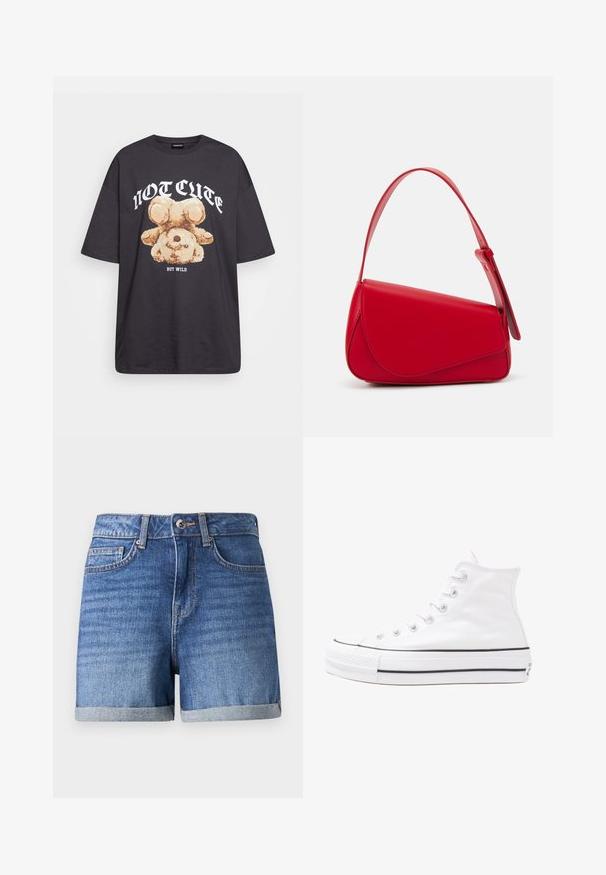 Mustat ylisuurent-paidat, joissa on karhun grafiikka ja teksti "EI SULOINEN VAAN VILLI" rohkealla valkoisella fontilla. Puuvillamateriaali.; Farkkushortsit vaaleansinisinä, käännettyhelma. Varustettu vetoketjulla, etutaskuilla ja hienovaraisella tekstuurilla. Napin sulkeminen vyötäröllä.; Valkoiset korkeavartiset kangaskengät mustalla kumipohjalla, edessä kuminen varvasosa ja kuusi nauha-aukkoa, puhtaan minimalistisella muotoilulla.; Punainen nahkalaukku, jossa on kulmikas, geometrinen muotoilu. Varustettu yhdellä säädettävällä hihnalla ja läpällä, jossa on ommeltu yksityiskohtia.