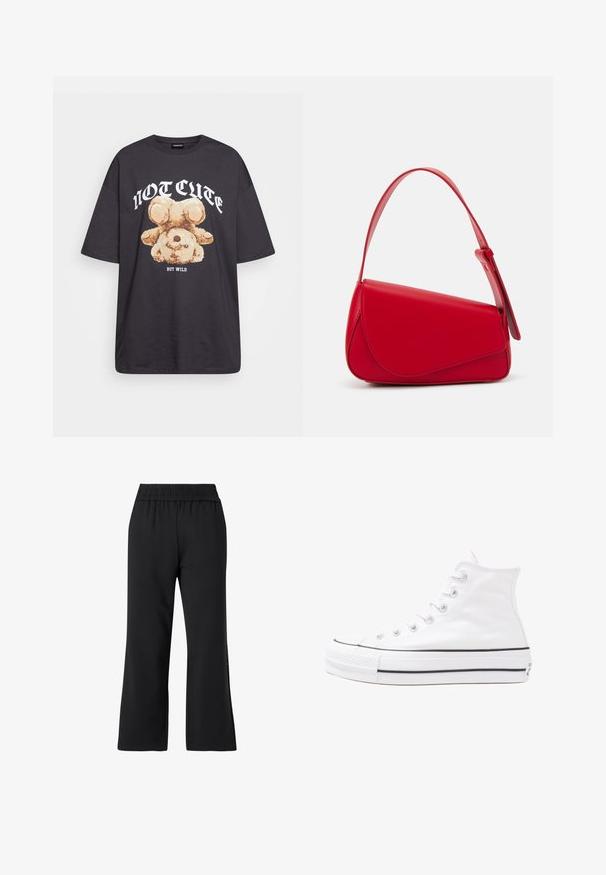 T-shirt oversized preto com uma gráfica de um urso e o texto "NÃO FOFO, MAS SELVAGEM" em letras brancas e em negrito. Material em algodão.; Calças de desporto pretas com um design de perna larga. Feitas de um tecido suave, com uma cintura elástica e sem acessórios ou padrões visíveis.; Sapatilha alta de tela branca com sola de borracha preta, bico de borracha na frente e seis ilhós para os atacadores, apresentando um design limpo e minimalista.; Bolsa de mão em couro vermelho com um design angular e geométrico. Apresenta uma única alça ajustável e um fecho com aba, com detalhes cosidos.