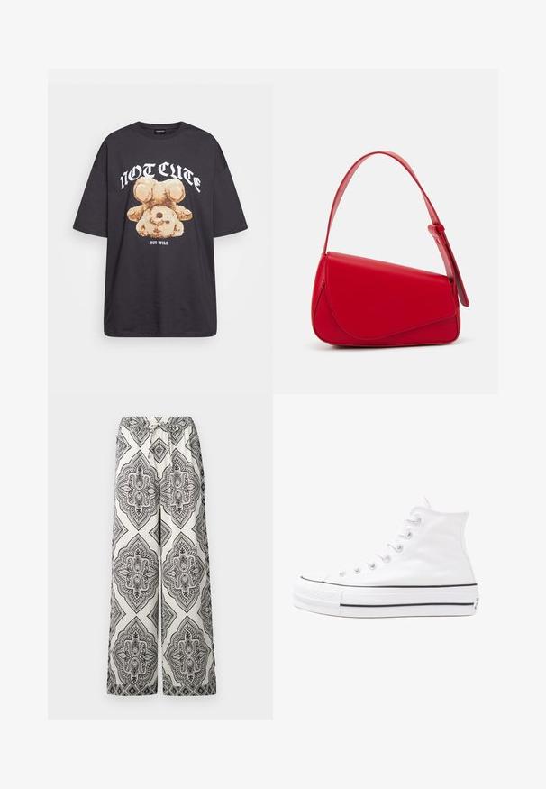 T-shirt noir oversize avec un graphique d'un ours et le texte « PAS MIGNON MAIS SAUVAGE » en lettres blanches, en gras. Matériau en coton.; Pantalons à jambes larges en crème avec un motif de diamant orné noir. Dotés d'une taille élastique avec un lien décoratif et d'une texture lisse.; Baskets montantes en toile blanche avec semelle en caoutchouc noir, capuchon en caoutchouc à l'avant, et six œillets pour les lacets, présentant un design épuré et minimaliste.; Sac à main en cuir rouge avec un design angulaire et géométrique. Il dispose d'une seule sangle ajustable et d'une fermeture à rabat avec un detailing cousu.