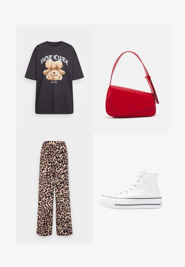 Černé oversized tričko s grafikou medvěda a textem „NENÍ CUTE, ALE DIVOKÝ“ v tučném bílém písmu. Bavlněný materiál.; Široké kalhoty vyrobené z měkké tkaniny s leopardím vzorem v teplé béžové a tmavě hnědé barvě, s elastickým pasem pro pohodlí.; Bílé vysoké plátěné tenisky s černou gumovou podrážkou, přední gumovou špičkou a šesti očky na tkaničky, se čistým, minimalistickým designem.; Červená kožená kabelka s ostrým, geometrickým designem. Má jeden nastavitelný popruh a klopu s prošívanými detaily.