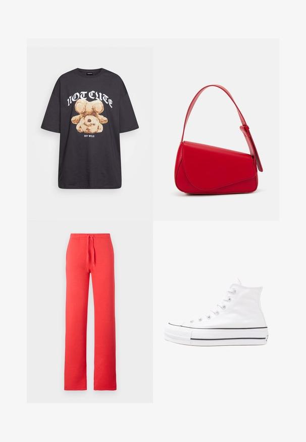 T-shirt oversized preto com uma gráfica de um urso e o texto "NÃO FOFO, MAS SELVAGEM" em letras brancas e em negrito. Material em algodão.; Calças de treino vermelhas feitas de tecido suave, com um cós ajustável, pernas retas e sem bolsos ou padrões adicionais.; Sapatilha alta de tela branca com sola de borracha preta, bico de borracha na frente e seis ilhós para os atacadores, apresentando um design limpo e minimalista.; Bolsa de mão em couro vermelho com um design angular e geométrico. Apresenta uma única alça ajustável e um fecho com aba, com detalhes cosidos.