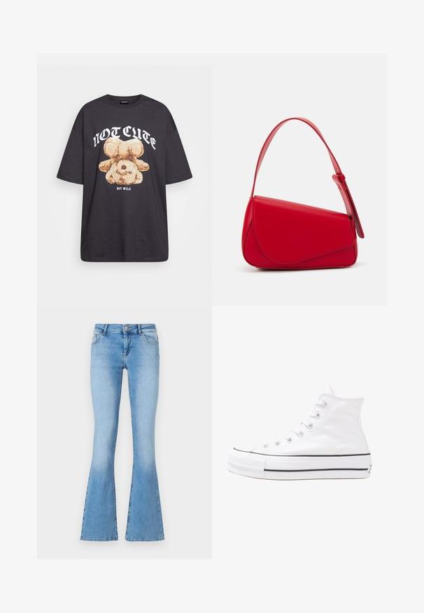 Black oversized t-shirt featuring a graphic of a bear with the text “NOT CUTE BUT WILD” in bold, white lettering. Cotton material.; Light blue flared jeans made of denim with a mid-rise waist, featuring front pockets and stitching details along the seams and hems.; White high-top canvas sneaker with black rubber sole, front rubber toe cap, and six eyelets for laces, featuring a clean, minimalist design.; Red leather handbag with an angular, geometric design. Features a single adjustable strap and a flap closure with stitched detailing.