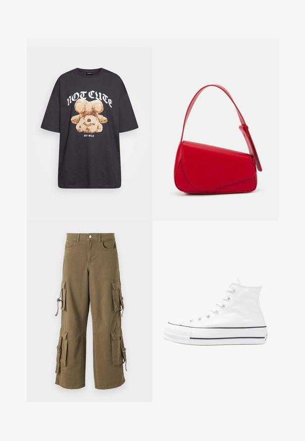 T-shirt nera oversize con una grafica di un orso e la scritta "NON CARINA MA SELVAGGIA" in grassetto, lettere bianche. Materiale in cotone.; Pantaloni cargo in cotone verde oliva. Presentano diverse tasche laterali, legature regolabili e una vestibilità ampia. Texture morbida con dettagli cuciti.; Sneaker alta in tela bianca con suola in gomma nera, punta in gomma frontale e sei asole per i lacci, caratterizzata da un design pulito e minimalista.; Borsa a tracolla in pelle rossa con un design angolare e geometrico. Presenta una singola tracolla regolabile e una chiusura a patta con dettagli cuciti.