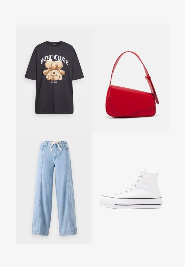Black oversized t-shirt featuring a graphic of a bear with the text “NOT CUTE BUT WILD” in bold, white lettering. Cotton material.; Light blue wide-leg jeans made from denim, featuring a drawstring waist and vertical seams along the sides.; White high-top canvas sneaker with black rubber sole, front rubber toe cap, and six eyelets for laces, featuring a clean, minimalist design.; Red leather handbag with an angular, geometric design. Features a single adjustable strap and a flap closure with stitched detailing.
