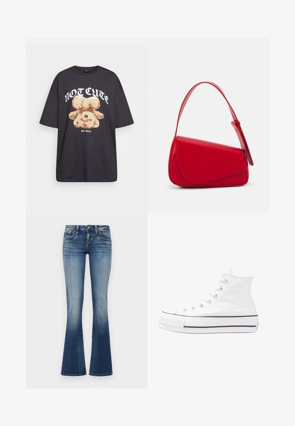 Črna oversized majica s kratkimi rokavi, na kateri je grafika medveda z besedilom „NI SRČKAN VKLJUČNO Z DIVJIM“ v poudarjenem belem tisku. Material: bombaž.; Raztegnjene kavbojke v srednji modri barvi z zbledelim pranjim. Imajo pet žepov, zanke za pas in kontrastno šivanje. Mehka, teksturirana tkanina.; Beli visoki platneni športni čevelj z črnim gumijastim podplatom, sprednjim gumijastim zaščitnikom za prste in šestimi luknjicami za vezalke, ki se ponaša s preprostim, minimalističnim dizajnom.; Rdeča usnjena torba z angularnim, geometrijskim dizajnom. Ima en samostoječ nastavljiv ročaj in pokrov, zaprt z zapiranjem, ki je okrašen s šivi.