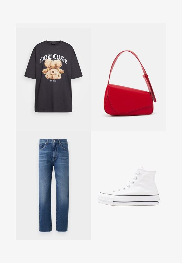 Black oversized t-shirt featuring a graphic of a bear with the text “NOT CUTE BUT WILD” in bold, white lettering. Cotton material.; Blue denim jeans with a straight-leg design, featuring a faded finish, five-pocket styling, and a frayed hem.; White high-top canvas sneaker with black rubber sole, front rubber toe cap, and six eyelets for laces, featuring a clean, minimalist design.; Red leather handbag with an angular, geometric design. Features a single adjustable strap and a flap closure with stitched detailing.