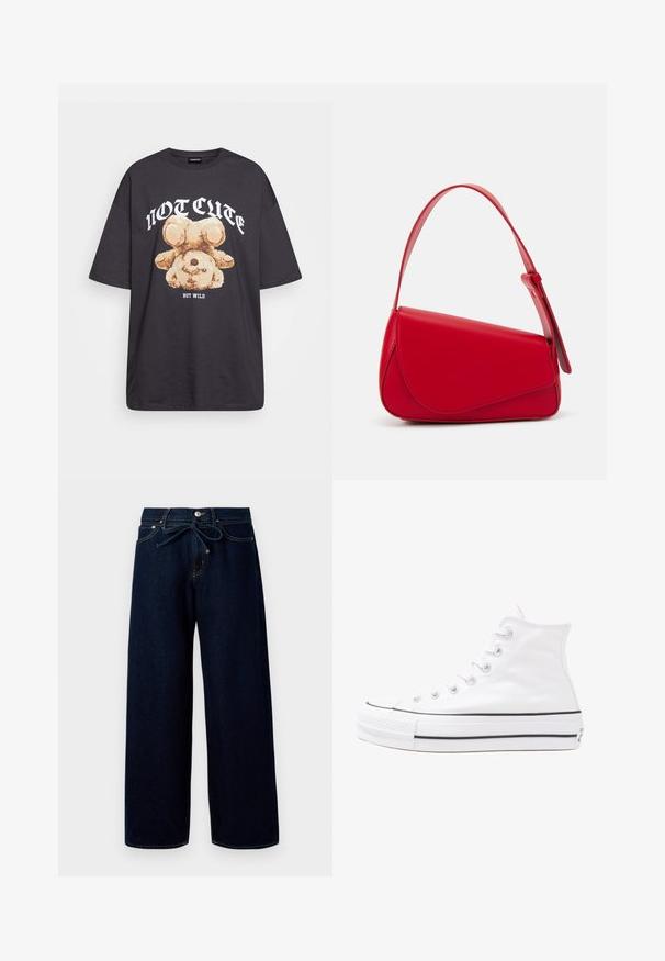 Black oversized t-shirt featuring a graphic of a bear with the text “NOT CUTE BUT WILD” in bold, white lettering. Cotton material.; Dark blue wide-leg jeans made of denim, featuring a front button closure and a drawstring waist, with contrasting stitching details.; White high-top canvas sneaker with black rubber sole, front rubber toe cap, and six eyelets for laces, featuring a clean, minimalist design.; Red leather handbag with an angular, geometric design. Features a single adjustable strap and a flap closure with stitched detailing.
