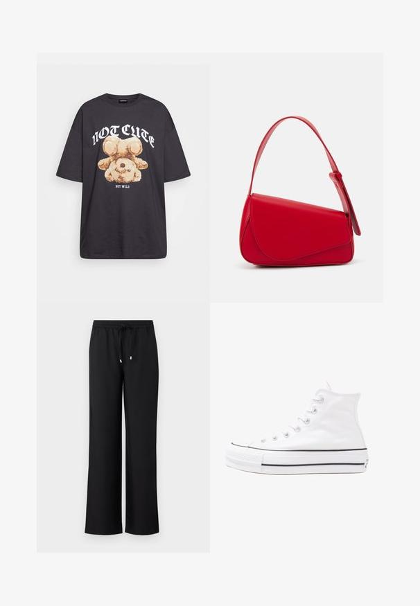 Black oversized t-shirt featuring a graphic of a bear with the text “NOT CUTE BUT WILD” in bold, white lettering. Cotton material.; Black wide-leg pants made of soft fabric, featuring an elastic waistband with a drawstring and two small metallic accents.; White high-top canvas sneaker with black rubber sole, front rubber toe cap, and six eyelets for laces, featuring a clean, minimalist design.; Red leather handbag with an angular, geometric design. Features a single adjustable strap and a flap closure with stitched detailing.