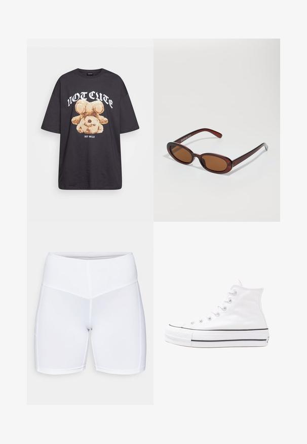 T-shirt oversized preto com uma gráfica de um urso e o texto "NÃO FOFO, MAS SELVAGEM" em letras brancas e em negrito. Material em algodão.; Calções atléticos brancos feitos de tecido elástico, com um cós alto e costuras planas. Textura suave sem bolsos visíveis ou padrões.; Sapatilha alta de tela branca com sola de borracha preta, bico de borracha na frente e seis ilhós para os atacadores, apresentando um design limpo e minimalista.; Óculos de sol redondos, com uma tonalidade castanha e uma armação glossy em bordeaux. Braços finos com um detalhe discreto de marca. Design de lentes planas.