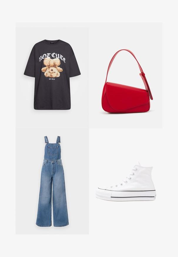 Svart oversized t-skjorte med en grafikk av en bjørn og teksten "IKKE SØT, MEN VILL" i fet, hvit skrift. Laget av bomull.; Lette blå denim overalls med brede ben, justerbare stropper, en frontlomme og sølvfarget detaljer. Stoffet har en subtil tekstur.; Hvit høy-skinn kanvas sneakers med svart gummisåle, gummitåhette foran og seks hull for snorer, med et rent, minimalistisk design.; Rød lærveske med en vinklet, geometrisk design. Har en enkelt justerbar stropp og en klaffelukking med sydd detaljer.