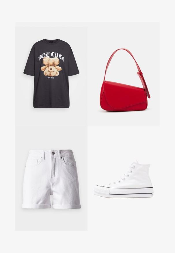 Black oversized t-shirt featuring a graphic of a bear with the text “NOT CUTE BUT WILD” in bold, white lettering. Cotton material.; White denim shorts with a classic cut, featuring rolled hems, two front pockets, and a front button closure. Smooth texture.; White high-top canvas sneaker with black rubber sole, front rubber toe cap, and six eyelets for laces, featuring a clean, minimalist design.; Red leather handbag with an angular, geometric design. Features a single adjustable strap and a flap closure with stitched detailing.