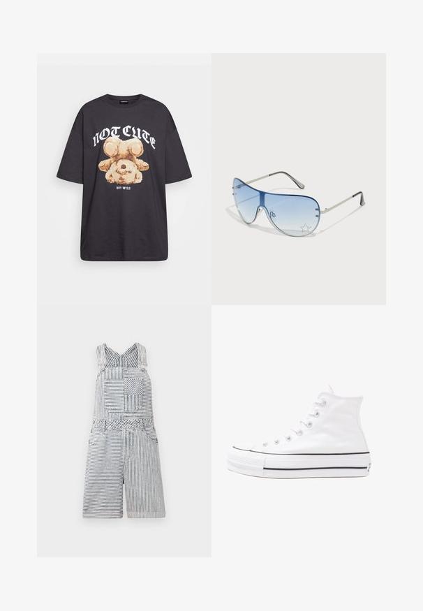 Čierne oversized tričko s grafikou medveďa a textom "NIE ROZTOMILÉ ALE DIVOKÉ" v tučnom bielom písmene. Bavlnený materiál.; Prúhované deninové šaty s štvorcovou vreckom, nastaviteľnými popruhmi a širokým výstrihom. Vyznačujú sa voľným strihom a dĺžkou šortiek.; Biele vysoké plátené tenisky s čiernou gumovou podošvou, prednou gumovou špičkou a šiestimi okami na šnúrky, s čistým, minimalistickým dizajnom.; Pilotné slnečné okuliare s prechodovým modrým sklom, strieborným kovovým rámom a ozdobnými hviezdičkovými akcentmi na sklách. Hladký a elegantný dizajn.