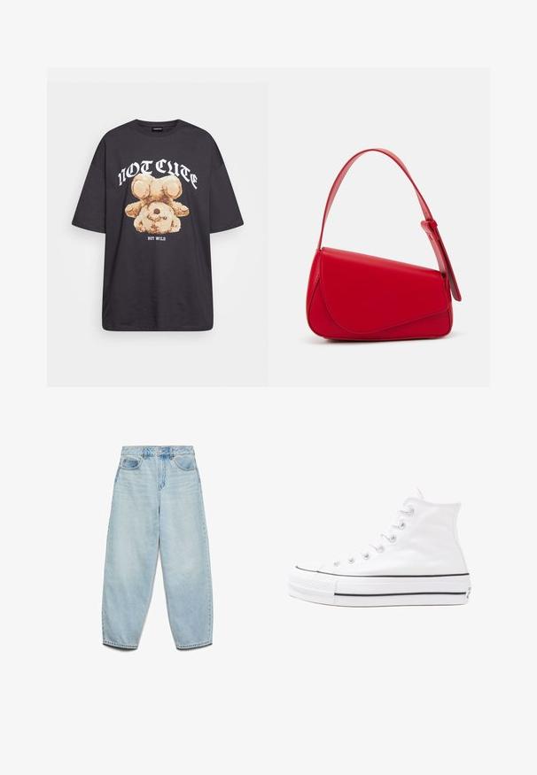 Černé oversized tričko s grafikou medvěda a textem „NENÍ CUTE, ALE DIVOKÝ“ v tučném bílém písmu. Bavlněný materiál.; Svetle modré džíny z denimu s volnějším střihem, vysokým pasem a širokými nohavicemi s mírně bledým vzhledem a klasickým pětiokým designem.; Bílé vysoké plátěné tenisky s černou gumovou podrážkou, přední gumovou špičkou a šesti očky na tkaničky, se čistým, minimalistickým designem.; Červená kožená kabelka s ostrým, geometrickým designem. Má jeden nastavitelný popruh a klopu s prošívanými detaily.