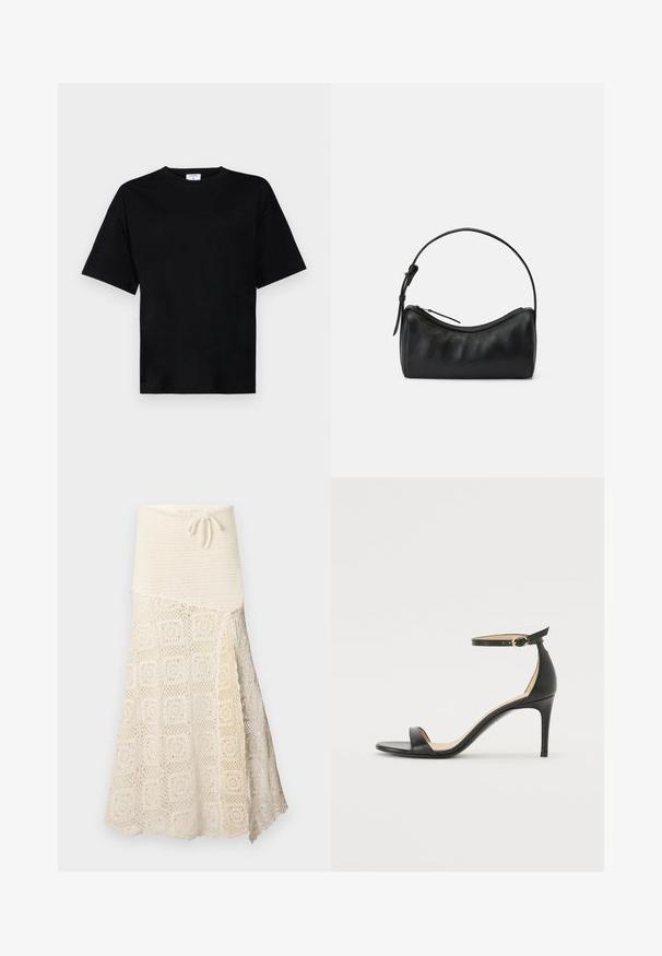 Juodas trumpas rankovės marškinėliai laisvu siluetu, pagaminti iš minkštos medžiagos, su apvalia iškirpte ir be ryškių raštų ar akcentų.; Nerti sijonas, kuriame yra tekstūruota grietinėlės spalvos viršutinė dalis ir apatinė dalis su sudėtingu kvadratiniu raštu. Reguliuojamas raištis liemenyje.; Juodos oda aukštakulniai sandalai su kulkšnies dirželiu. Pasižymi lygiu paviršiumi, atviru pirštu ir plonu kulnu. Auksinės spalvos sagties detalė.; Juodas odinis petinis krepšys su kreivėmis, užtrauktuko uždarymu ir plonu dirželiu. Pasižymi lygiu paviršiumi ir subtiliais siuvinėjimo akcentais.