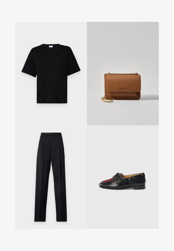 Tricou negru cu mânecă scurtă, într-o croială relaxată, realizat dintr-un material moale, având un decolteu rotund și fără modele sau accente vizibile.; Pantaloni negri dintr-un material neted, cu talie înaltă, picioare largi, pliuri frontale și loop-uri clasice pentru curea. Fără buzunare laterale vizibile.; Pantofii de barcă din piele neagră cu vârful din suede roșu, ochiuri aurii și o fundiță decorativă. Textură netedă cu un toc bloc mic.; Geantă crossbody din piele texturată maro, cu curea din lanț aurit și închidere cu clapetă. Partea din față prezintă detalii cu logo și o buzunar sub clapetă.