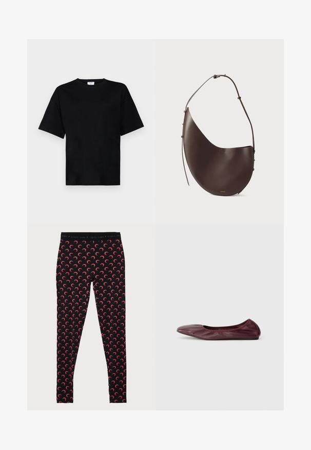 Črna majica s kratkimi rokavi, sproščenega kroja, narejena iz mehkega materiala, z okroglim izrezom in brez vidnih vzorcev ali okraskov.; MARINE SERRE MOON - Pajkice – hlače - black/red; Balerinke v temno burgundski usnjeni barvi, z zaobljenim nosom, elastičnim robom in gladko teksturo z diskretnimi gubami.; Rjava usnjena torbica s ukrivljeno obliko, enojnim ročajem in minimalističnim dizajnom. Ima subtilen logotip in zlate kovinske dodatke.