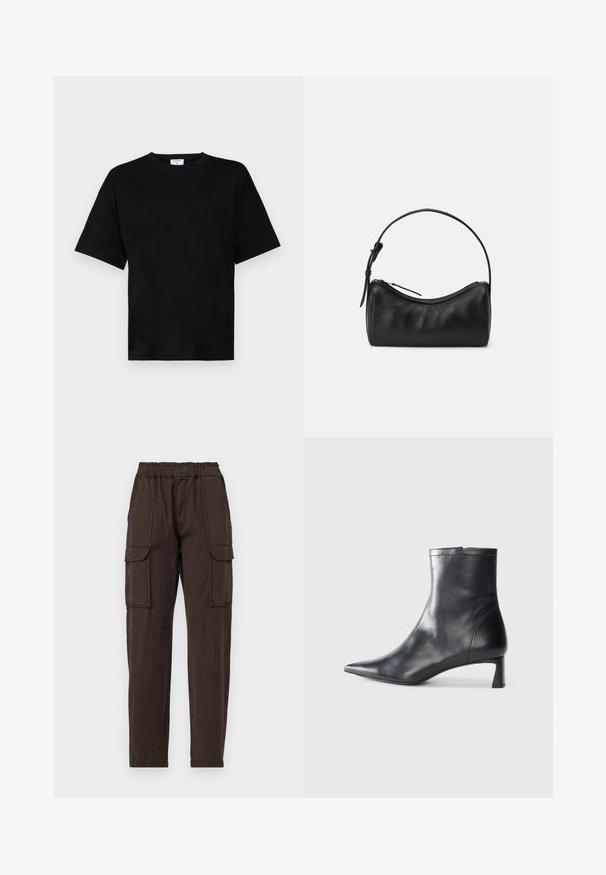 Čierne tričko s krátkym rukávom v uvoľnenom strihu, vyrobené z jemného materiálu, s okrúhlym výstrihom a bez výrazných vzorov alebo akcentov.; Hnedé cargo nohavice s elastickým pásom, dvoma veľkými prednými vreckami a zúženým strihom nohavíc. Vyrobené z ľahkej tkaniny s matným povrchom.; Čierne kožené členkové topánky s špicatou špičkou a elegantným dizajnom. Majú nízky podpätok a zips na zadnej strane. Hladká textúra.; Čierna kožená ramenná taška s zakriveným dizajnom, zipsovým zapínaním a štíhlym popruhom. Vyznačuje sa hladkou textúrou a jemnými detailmi šitia.