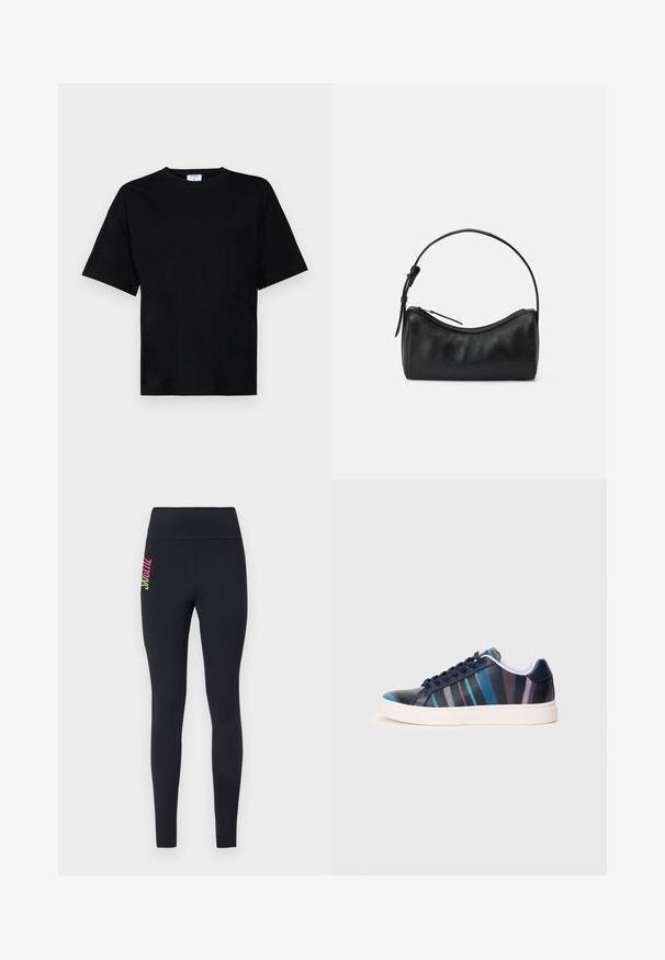 Svart kortermet t-skjorte med avslappet passform, laget av mykt stoff, med rund halslinning og uten fremtredende mønstre eller aksenter.; Svart leggings laget av elastisk materiale, med høy midje og fargerik vertikal merkevare på venstre hoft i rosa og grønn.; Sko med marineblå og flerfarget stripete mønster, med en glatt skinnoverdel, snøring og hvit gummisåle.; Svart lær skulderveske med buet design, glidelås og smal stropp. Har en glatt tekstur og subtile sømdetaljer.