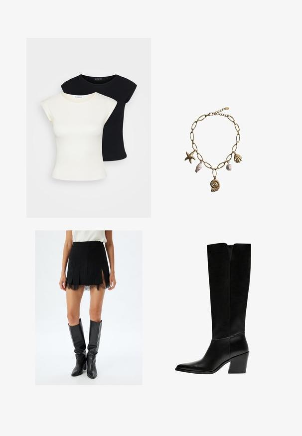 Deux T-shirts ajustés : un crème et un noir. Fabriqués en coton doux et texturé, avec des manches courtes et un col rond.; Jupe mini plissée noire avec un ourlet en dentelle, présentant des fentes latérales. Associée à des bottes en cuir noires jusqu'aux genoux.; Bottes noires montantes en cuir lisse, avec un bout pointu, un talon bloc et une découpe en V en haut.; Mango Collier - gold-coloured