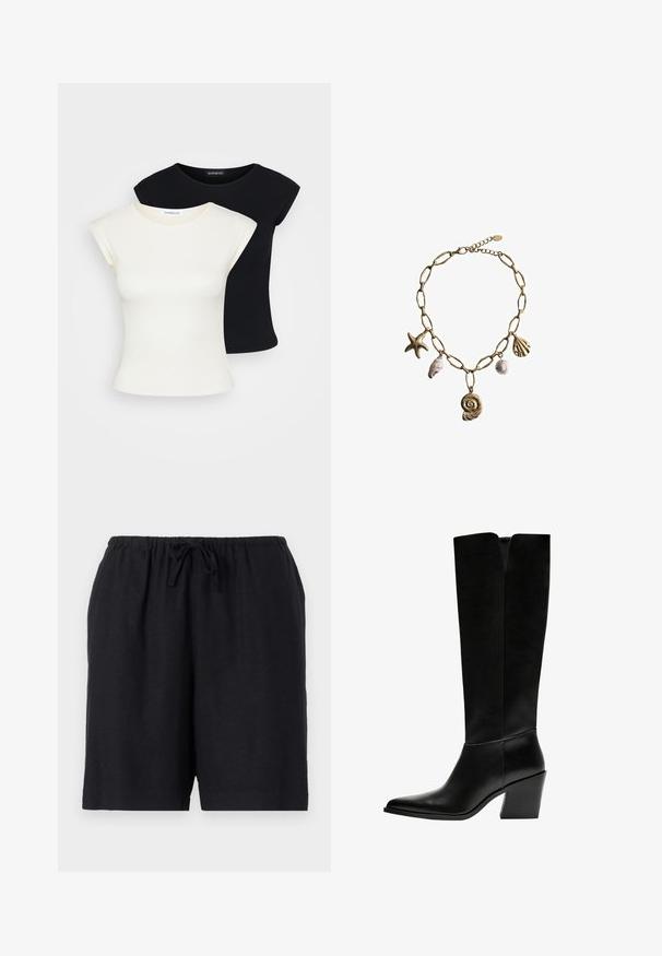 Dvoje priliehavých tričiek: jedno krémové a jedno čierne. Vyrobené z jemnej textúrovanej bavlny, s krátkymi rukávmi a okrúhlym výstrihom.; Čierne šortky vyrobené z ľahkej tkaniny s elastickým pásom a šnúrkou. Majú jednoduchý dizajn a dĺžku po kolená.; Čierne vysoké čižmy vyrobené z hladkej kože, s ostrou špičkou, blokovým podpätkom a V-čkovým výrezom na vrchu.; Mango Náhrdelník - gold-coloured