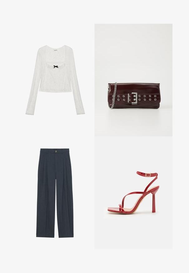 White long-sleeve lace blouse with square neckline, ruffle trim, and small black bow accent at the center front.; Wide-leg trousers made of textured dark gray fabric, featuring front pleats, a button closure, and side pockets for added functionality.; ALDO SCINTILLA - High heeled sandals - red; Burgundy faux leather clutch with a silver chain strap, featuring a buckle design and metal eyelets across the front for added detail.