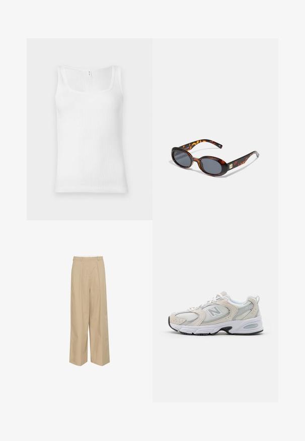 Witte geribbelde tanktop met een rechthoekige halslijn en brede schouderbanden. De stof heeft een gestructureerde, stretchachtige uitstraling.; Beige wijde broek met plooien aan de voorkant, een tailleband met lussen voor een riem, en een zachte, lichtgewicht stoftextuur.; Atletiekschoen met een lichtgrijs mesh bovenwerk en suede accenten, witte veters en een zwarte rubberen zool. Opvallend ABZORB dempingdetail.; Bruine schildpad zonnebril met ovale lenzen en een donkergrijze tint. Bevat een goudkleurige accent op de slapen. Glad plastic oppervlak.