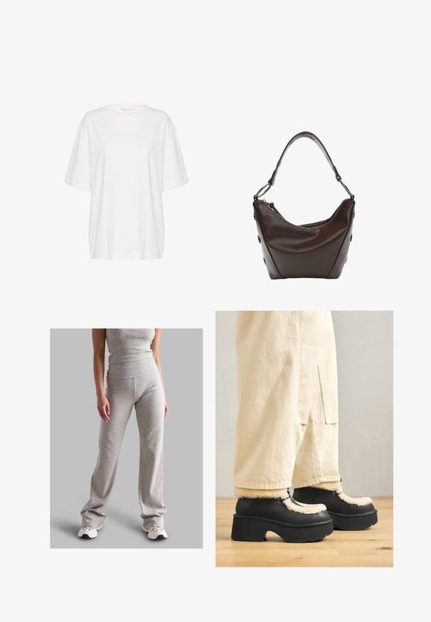 Fehér rövid ujjú póló, puha pamutból készült. Kerek nyakkivágással és diszkrét logóval a bal mellrészen. Egyenes fazon.; Szürke bordázott ujjatlan felső és azonos anyagból készült nadrág, rugalmas anyagból. A nadrág bővülő fazonú, és világos sportcipővel van párosítva.; Fekete platform csizmák kerek orral, bolyhos krémszínű gallérral és fűzős részletekkel, laza bézs nadrággal, egy fa padlón.; Sötétbarna bőr kézi táska ívelt formával, cipzáras záródással és rövid fogantyúval. Fém kiegészítőkkel és dekoratív fekete gombokkal rendelkezik az oldalon.