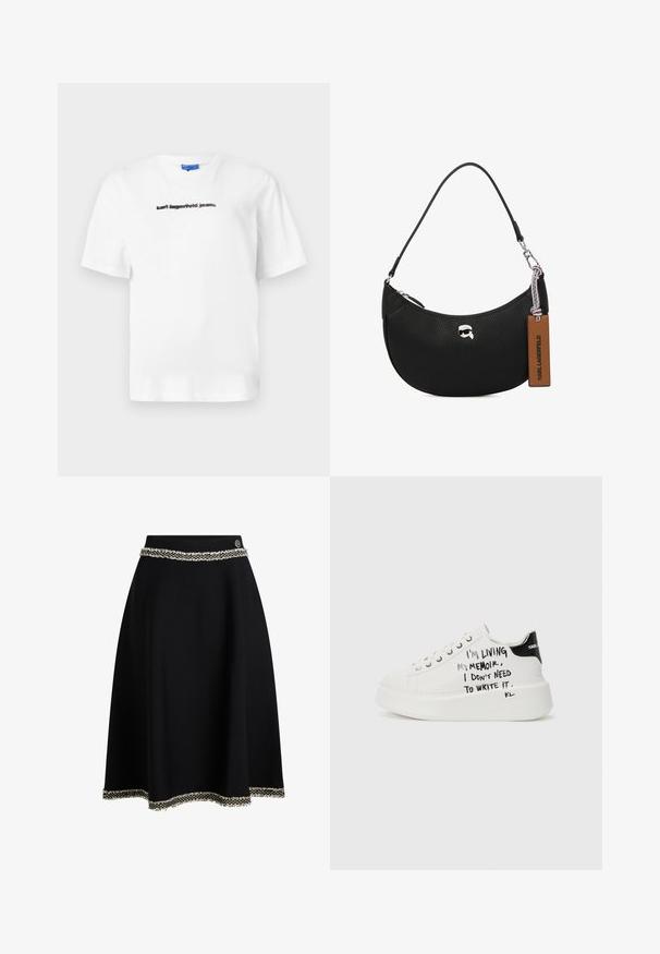 Biely bavlnený tričko s okrúhlym výstrihom a krátkymi rukávmi. Na prednej strane je čierny potlačený text: "karl lagerfeld jeans." Hladká textúra.; Čierna sukňa s rozšíreným dizajnom, so štruktúrovaným pásom a dekoratívnym bielym strapcom pozdĺž lemu.; Biele platformové tenisky s čiernymi akcentmi, vybavené textúrovanou podrážkou a ručne písaným textom na bočných stranách. Hladký kožený materiál.; Čierna kožená kabelka s textúrou jemných bradavíc, zakriveným tvarom, horným zipsom, striebornými kovaniami a hnedou visačkou. Má akcent v podobe loga.