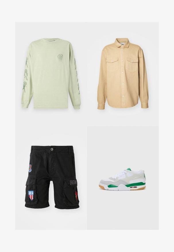 Gaišzaļš kokvilnas krekls ar garām piedurknēm, kas piedāvā mazu logo uz krūtīm un abstraktus rakstus tumši zaļās krāsās pa piedurknēm.; Beige pogājusies krekliņš, izgatavots no kokvilnas, ar klasisku apkakli, divām krūšu kabatām un garām piedurknēm ar pogājamiem aproces galiem.; Melni kokvilnas šorti ar kabatām, ar izšūtām aplikācijām sarkanā, zilā un zaļā krāsā, kā arī pogu aizdari jostasvietā.; Baltie kedas ar pelēkām zamšādām, zaļiem akcentiem, redzamu gaisa vienību un gumijas zoli. Iespējo sasaistes dizains un polsterēts apkaklītis.