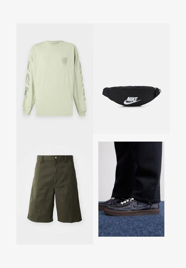 T-shirt en coton à manches longues de couleur vert clair, arborant un petit logo sur la poitrine et des motifs abstraits le long des manches en vert foncé.; Shorts en coton verts avec une coupe droite, dotés d'une fermeture à bouton et de poches latérales. Texture lisse, longueur au genou.; Nike Sportswear KILLSHOT 2 LTR PRM OPP2 - Baskets basses - black sail baroque brown mtlc dk grey; Sac banane noir en nylon avec fermeture éclair, arborant un grand logo blanc de Nike. Texture lisse et design ergonomique pour un port confortable.