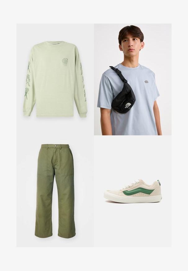 Šviesiai žalias medvilninis marškinėliai ilgomis rankovėmis, su mažo logotipo spauda krūtinėje ir tamsiai žaliu abstrakčiu raštu ant rankovių.; Olivinės žalios spalvos plačios kelnės, pagamintos iš tvirto audinio, su užtrauktuku, priekinėmis kišenėmis ir paprastais siuvimo akcentais.; Bežiniai zomšiniai sportbačiai su žaliais odiniais akcentais, apvaliu pirštu, baltais raiščiais ir tekstūruotais detalėmis šonuose. Matoma guminė padas.; Juodas nailoninis per petį dėklas su reguliuojamu dirželiu, išryškintu baltu logotipu. Nešiojamas ant šviesiai mėlynos marškinėlių. Paprastas, funkcionalus dizainas.