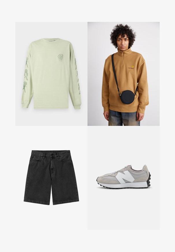 Vaaleanvihreä pitkähihaainen puuvillatoppi, jossa on pieni logo rinnassa ja tummanvihreitä abstrakteja kuvioita hihoissa.; Farkkushortsit mustasta denimistä suoralla lahkeella, viidellä taskulla ja nappikiinnityksellä. Sileä pinta, jossa on vähäistä haalistumista ja ompeluyksityiskohtia.; Harmaat lenkkarit, joissa on verkko- ja mokkanahkamateriaaleja, valkoisella sivulogolla, harmailla nauhoilla ja mustalla kumipohjalla.; Ruskea neljännesvetoketjullinen fleecesweater, jossa on brodeerattu logo, mustan pyöreän olkalaukun kanssa, jossa on vetoketju ja logotiedot, käytetty farkkujen päällä.