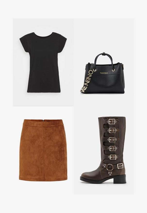 Melnā kokvilnas T-krekls ar īsām piedurknēm, apaļu kakla izgriezumu un brīvu piegriezumu. Gluda tekstūra bez redzamām rakstām vai akcentiem.; Brūns zamša mini svārks ar gludu tekstūru, taisnu piegriezumu un diskrētu aizmugurējo rāvējslēdzēju. Satur šuvju detaļas struktūrai.; Steve Madden BATTLE - Kovboju/motociklistu tipa zābaki - brown; Melnas ādas rokassomas ar zelta aksesuāriem, ar divām augšējām rokturiem un dekoratīvu logotipa siksnu. Teksturēta virsma un strukturēts dizains.; Casio kvarts pulksteins ar taisnstūra zelta tonis korpusu, balto ciparnīcu, zelta stundu marķieriem un brūnu ādas krokodila raksta siksnu. Ūdensizturīgs.