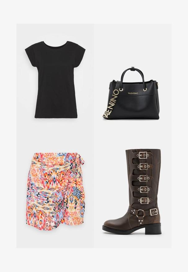 Must värvi puuvillane T-särk lühikeste kapuutsiga varrukatega, ümar kaelus ja lõdva istuvusega. Sile tekstuur, ilma nähtavate mustrite või aktsentideta.; Erinevates värvides ja mustrites keerlevate disainidega pakenduskleit punase, sinise, oranži ja kollase värviga, küljetasku ja pehme, kerge kangaga.; Steve Madden BATTLE - Kauboi-/mootorrattasaapad - brown; Must musta käekott kuldsete detailidega, millel on kaks ülemist käepidet ja dekoratiivne logo rihm. Tekstuuriga pind ja struktureeritud disain.