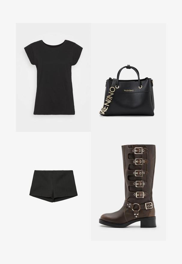 Czarny bawełniany T-shirt z krótkimi rękawami typu cap, okrągłym dekoltem i luźnym krojem. Gładka faktura bez widocznych wzorów czy akcentów.; Czarne spodenki wykonane z teksturowanej tkaniny, z wysokim pasem i dopasowanym krojem z przednimi szwami. Brak widocznych kieszeni lub zapięć.; Steve Madden - Kowbojki i obuwie motocyklowe; Czarna skórzana torebka z złotymi akcentami, z podwójnymi uchwytami na górze i dekoracyjnym paskiem z logo. Teksturowana powierzchnia i sztywna konstrukcja.