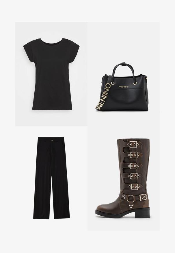 Musta puuvillapaita, jossa on lyhyet hihat, pyöreä kaula-aukko ja rento istuvuus. Sujuva pinta, ilman näkyviä kuvioita tai koristeluja.; Mustat, leveälahkeiset housut, jotka on valmistettu sileästä kankaasta. Edessä on taskut ja vyötäröllä nappikiinnitys. Minimalistinen muotoilu ilman kuvioita.; Steve Madden BATTLE - Biker-/cowboysaappaat - brown; Musta nahkainen käsilaukku kultaisilla yksityiskohdilla, jossa on kaksinkertaiset yläkahvat ja koristeellinen logo-hihna. Roso-näinen pinta ja rakenteellinen muotoilu.
