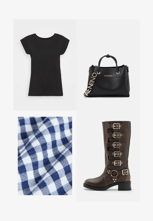 T-shirt in cotone nero con maniche corte a cappuccio, scollo rotondo e vestibilità rilassata. Tessuto liscio senza motivi o dettagli visibili.; Tessuto di cotone con un motivo a quadretti blu e bianchi presenta piccoli e uniformi quadretti. La texture appare tessuta e liscia.; Steve Madden BATTLE - Stivali texani / biker - brown; Borsa a tracolla in pelle nera con hardware dorato, dotata di due manici superiori e una tracolla decorativa con logo. Superficie testurizzata e design strutturato.
