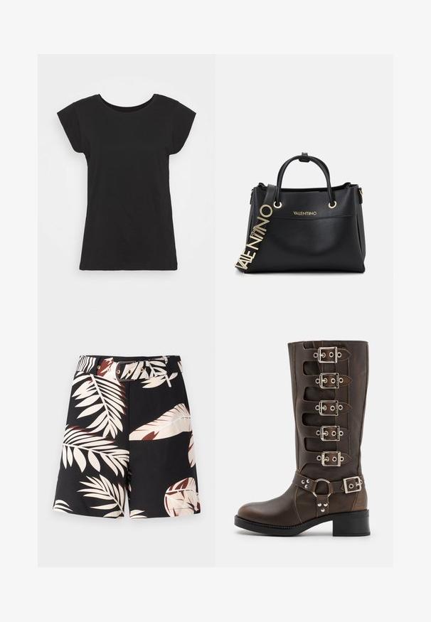 Melnā kokvilnas T-krekls ar īsām piedurknēm, apaļu kakla izgriezumu un brīvu piegriezumu. Gluda tekstūra bez redzamām rakstām vai akcentiem.; Melni šorti ar tropisko lapu rakstu bēšā un rūsas krāsā. Iekļauta saskaņota josta ar zelta apdari un klasisku griezumu.; Steve Madden BATTLE - Kovboju/motociklistu tipa zābaki - brown; Melnas ādas rokassomas ar zelta aksesuāriem, ar divām augšējām rokturiem un dekoratīvu logotipa siksnu. Teksturēta virsma un strukturēts dizains.