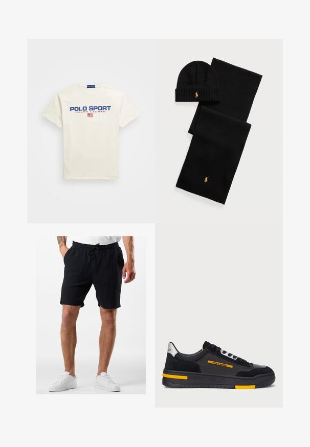 T-shirt bianco in cotone con la scritta "POLO SPORT" stampata in blu e rosso, con una piccola icona della bandiera americana sotto il testo. Maniche corte, colletto tondo.; Pantaloni corti neri in cotone con vita elasticizzata e coulisse, caratterizzati da un tessuto testurizzato e tasche laterali, indossati con sneaker bianche.; Sneaker nere con una parte superiore in camoscio e rete, dettagli gialli e una suola nera spessa. Chiusura con lacci e marchio "POLO SPORT" sul lato.; Set di berretto e sciarpa a maglia nera. Presentano una texture a costine e dettagli con logo dorato. Tessuto morbido con un design elegante, adatto per il freddo.