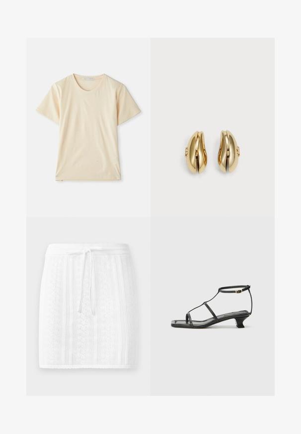 T-shirt color crema realizzato in cotone morbido e leggero, con maniche corte e scollo rotondo. Senza motivi o accenti visibili.; Gonna bianca a maglia con un motivo testurizzato e strisce verticali; presenta una vita con lacci e un orlo ondulato.; Sandalo in pelle nera con punta quadrata, cinturini sottili, cinturino alla caviglia regolabile e tacco basso. Presenta un piccolo accento dorato sul cinturino.; Orecchini in tonalità oro con un design fluido e curvato. Ogni orecchino presenta una superficie liscia e un piccolo gancio con un dettaglio decorativo.