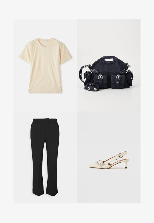 T-shirt color crema realizzato in cotone morbido e leggero, con maniche corte e scollo rotondo. Senza motivi o accenti visibili.; Pantaloni neri su misura con design a gamba dritta, dotati di passanti per cintura e tasche laterali. Realizzati in tessuto liscio con una finitura pulita.; Scarpa slingback bianca in pelle con punta affusolata, tacco basso e cinturino regolabile con una grande fibbia in argento ben in evidenza.; Borsa in denim blu scuro dalla forma arrotondata, con molteplici tasche esterne, tracolla regolabile e dettagli in metallo argentato. Include una maniglia superiore.