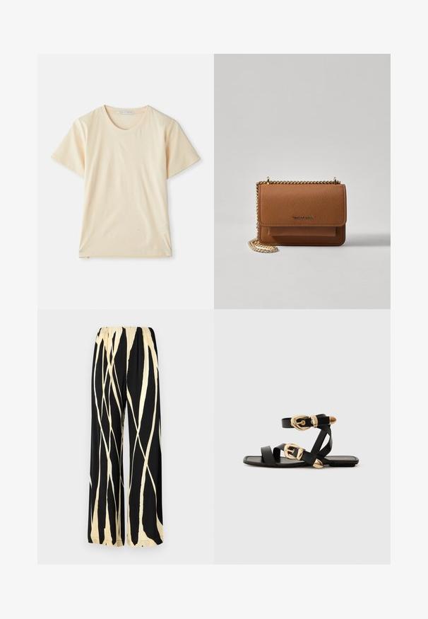Krémové tričko vyrobené z mäkkej, ľahkej bavlny, s krátkymi rukávmi a okrúhlym výstrihom. Bez viditeľných vzorov alebo akcentov.; Široké nohavice s elastickým pásom, s čiernym pozadím a krémovým abstraktným pruhovaným vzorom. Hladká textúra látky.; Čierne kožené sandále so zlatými prackami, s viacerými pásikmi a plochou podrážkou pre otvorené nosenie.; Hnedá textúrovaná kožená taška cez telo s zlatým reťazovým popruhom a preklopným uzáverom. Predná strana obsahuje detail s logom a vrecko pod preklopkou.