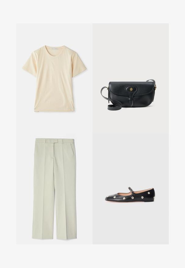 Krémové tričko vyrobené z mäkkej, ľahkej bavlny, s krátkymi rukávmi a okrúhlym výstrihom. Bez viditeľných vzorov alebo akcentov.; Svetlo béžové nohavice s priliehavým strihom, s plochým predným dielom, dvoma bočnými vreckami a hladkým povrchom.; Čierne kožené baleríny typu Mary Jane s okrúhlou špičkou, so striebornými kruhovými cvokmi a nastaviteľným remienkom so sponou.; Čierna kožená crossbody taška s klopňou a zlatým logom. Obsahuje dlhý popruh a hladký povrch.
