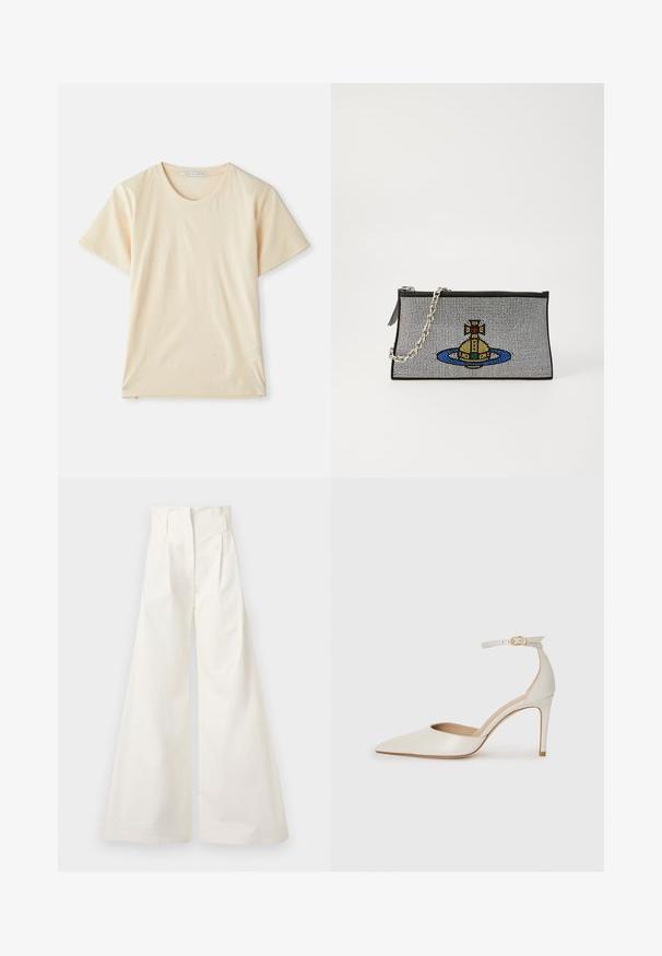 Crème-kleurig T-shirt van zachte, lichtgewicht katoen, met korte mouwen en een ronde halslijn. Geen zichtbare patronen of accenten.; Witte wijde broek van katoen, met een hoge taille, plooien aan de voorkant en een strak design zonder zakken.; Witte leren hoge hak schoen met een spitse neus, enkelbandje en een slanke stiletto hiel. Gladde textuur met een subtiele glanzende afwerking.; Zwarte clutch met zilveren kettingriem, met een kleurrijk kralenontwerp van een gele onderzeeër omringd door een blauwe ring.