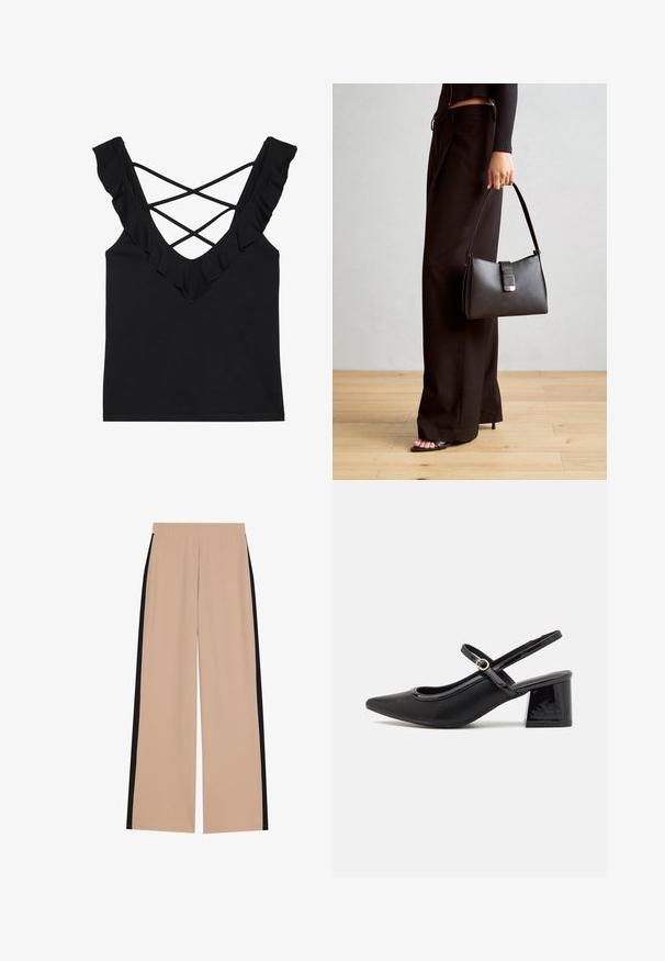 Zwart tanktop met een V-halsontwerp, ruche banden en een kruisrug. Gemaakt van een zachte, rekbare stof.; Beige wijde broek met een soepele textuur, voorzien van zwarte zijkanten. De tailleband is elastisch voor comfort en gemakkelijke draagbaarheid.; Zwarte gepolijste leren slingback hakken met een spitse neus, een ronde uitsnede en een blokhak. Voorzien van een gouden gespaccent.; Zwarte handtas met gestructureerde vorm, gladde textuur en een metalen sluiting. Gecombineerd met brede zwarte broeken en sandalen met open teen op een houten vloer.